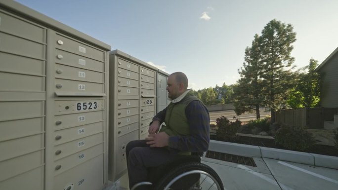 一名男子坐在轮椅上，从户外信箱里取信