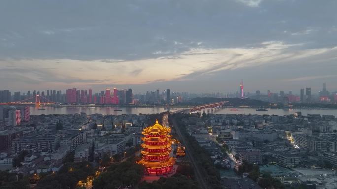 武汉黄鹤楼晚霞夜景灯光秀航拍