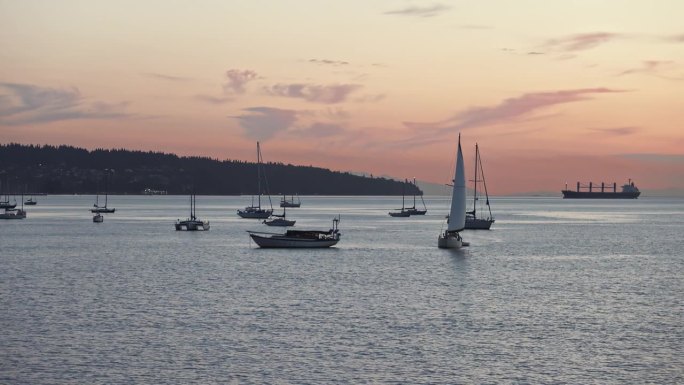 许多帆船在日落时平静的海面上航行