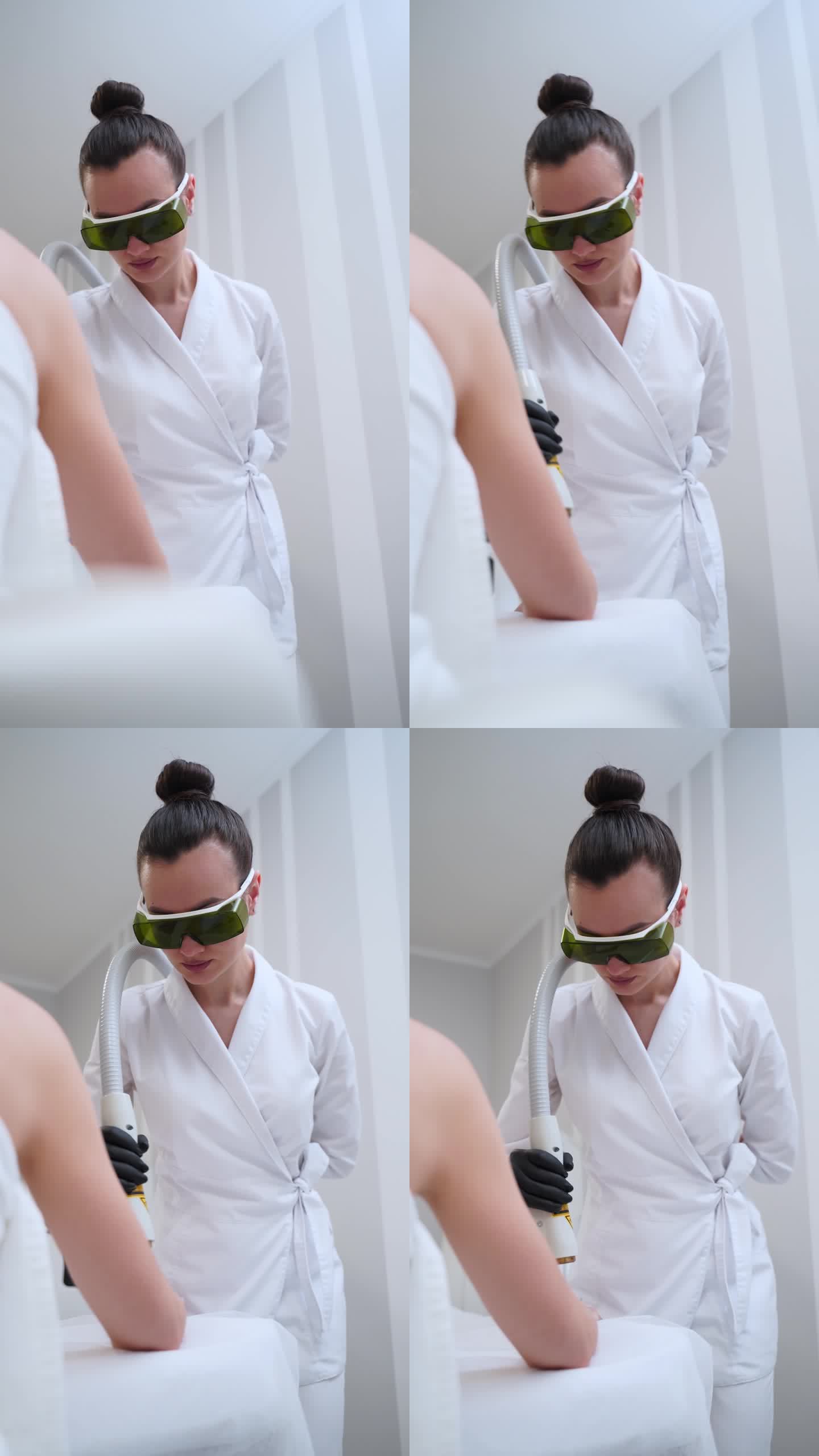 临床上由熟练的治疗师对手臂进行激光脱毛治疗。戴上防护眼镜，精密激光技术瞄准毛囊。美观，安全，脱毛效果