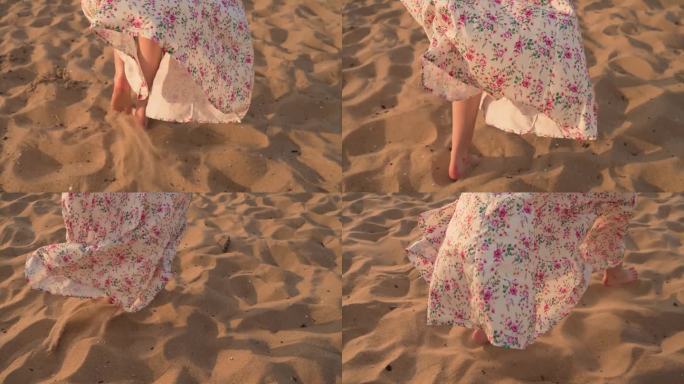 不知名的女人穿着讨人喜欢的沙滩裙。女性在沙滩上散步，在海上旅行中度过了美好的时光