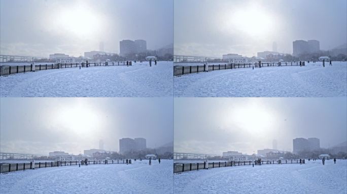 实拍4K大连黑石礁广场积雪大雪慢动作升格