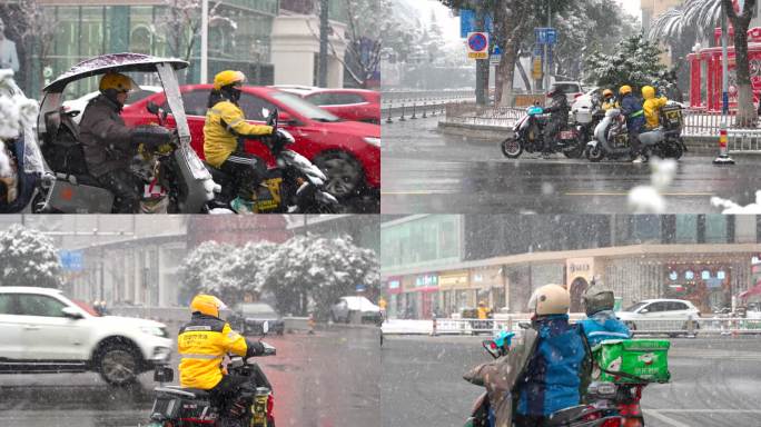 城市街道大雪外卖员