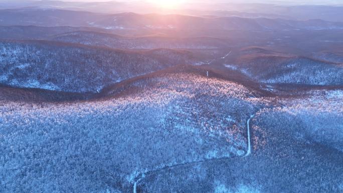 大兴安岭冬季雪色山林黎明风景