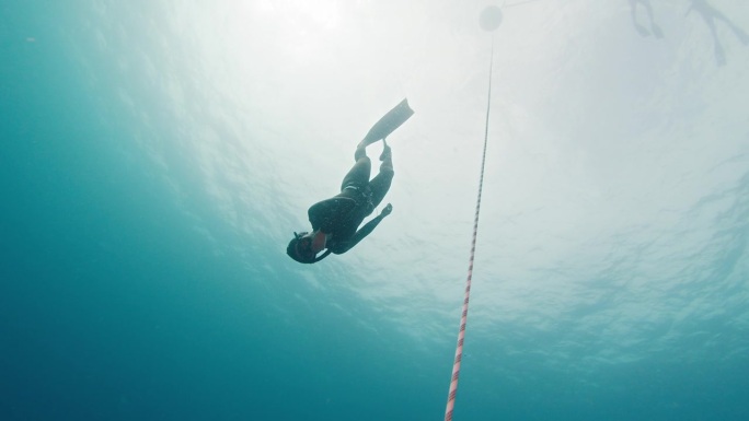 自由潜水员沿着绳索运动。一名女子自由潜水者在开阔的海面上沿着绳索训练，然后下潜到深海