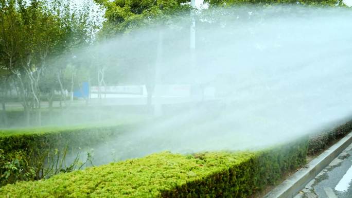 4K城市洒水车洒水 环卫工人浇水