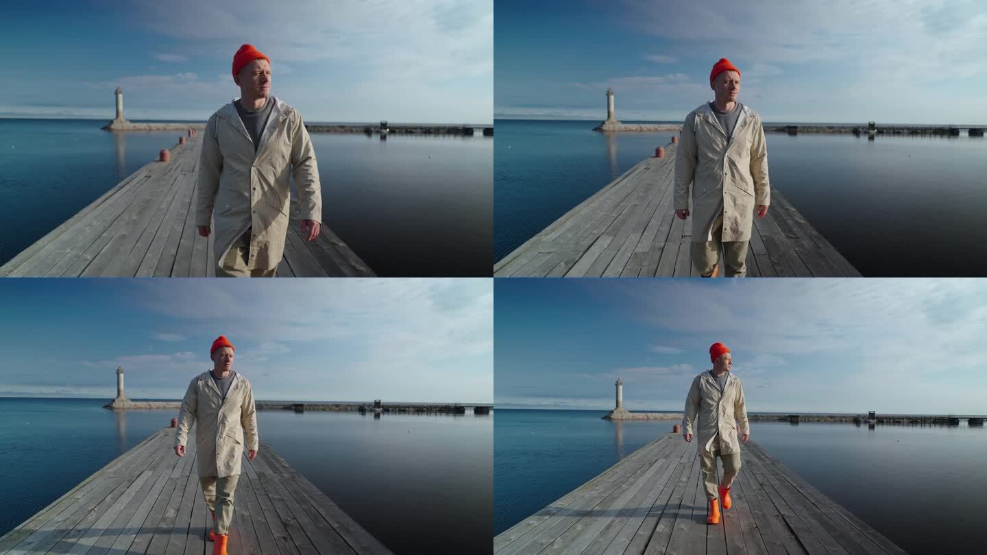 身穿渔夫服、头戴红帽的年轻男子独自走在美丽海湾的老码头上