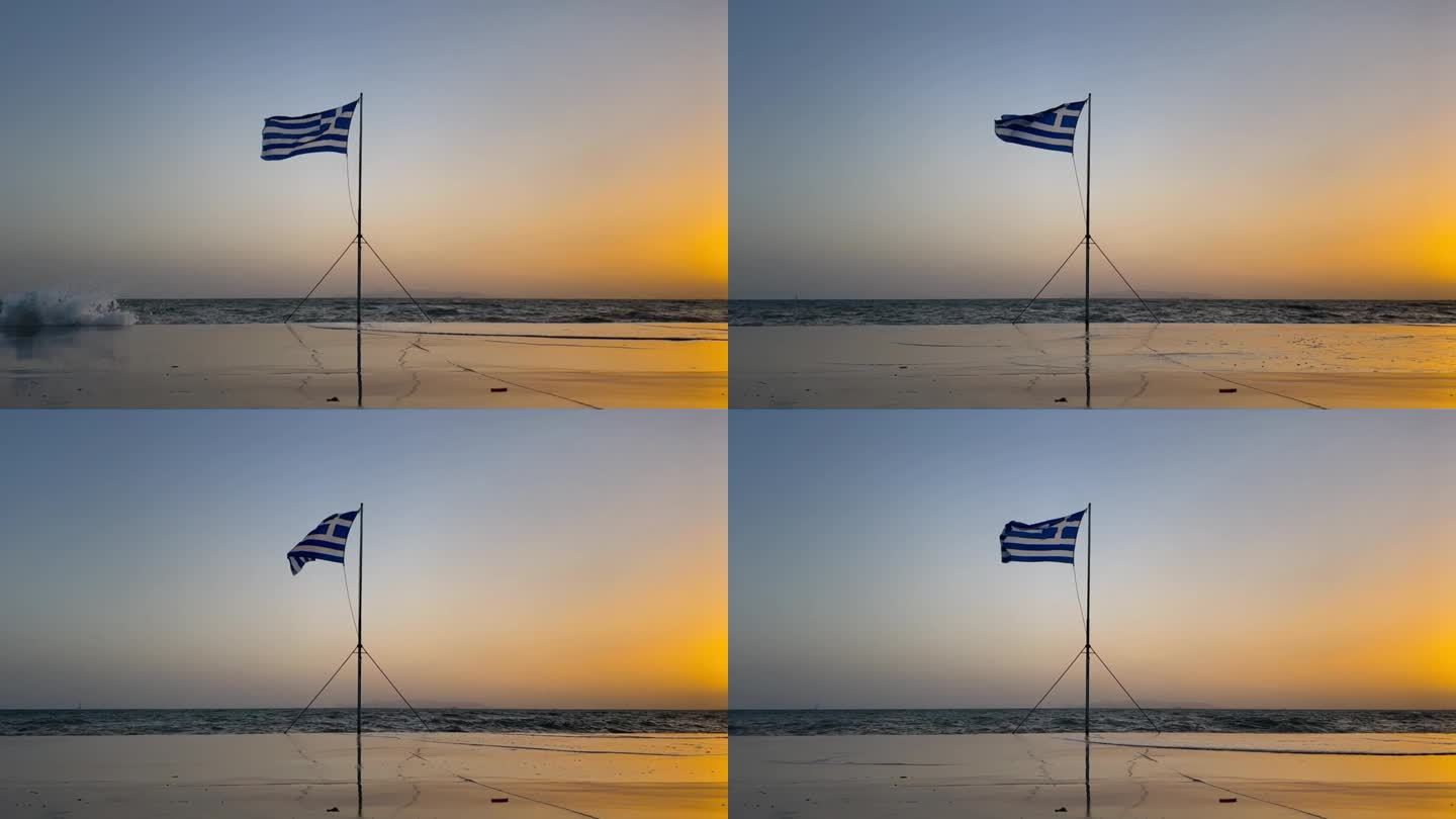 黄金时刻荣耀:希腊国旗，日落时的地中海海浪