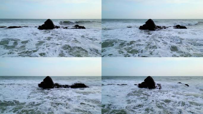 第一视角海浪拍打礁石