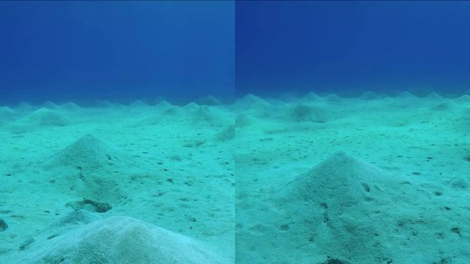 在蓝色的水背景上的淤泥沙底特写，慢动作，垂直视频