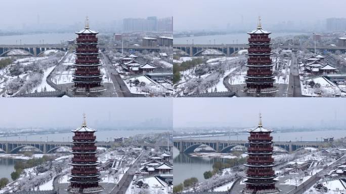 航拍洛阳朱樱塔雪景