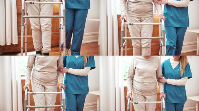 老人，手或护士与助行器支持，帮助或活动在养老院。老年人、残疾妇女或照顾者对客厅的活动、康复或恢复感到