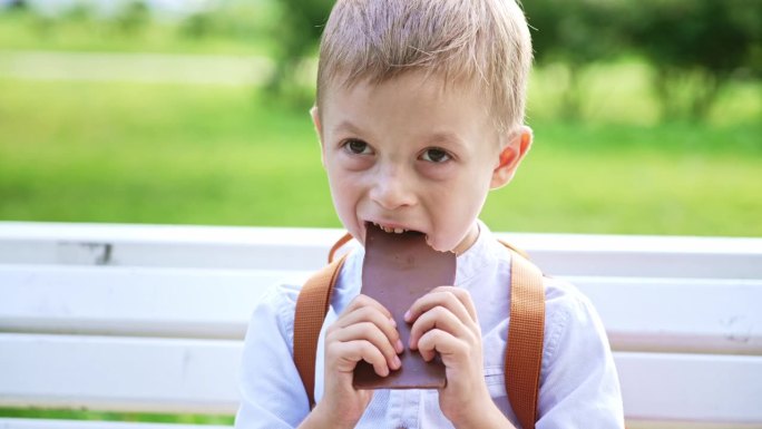 一个白人男婴坐在公园长椅上吃着一大块巧克力。孩子吃糖果。学龄前儿童穿校服:白衬衫，背包。夏日绿植的户