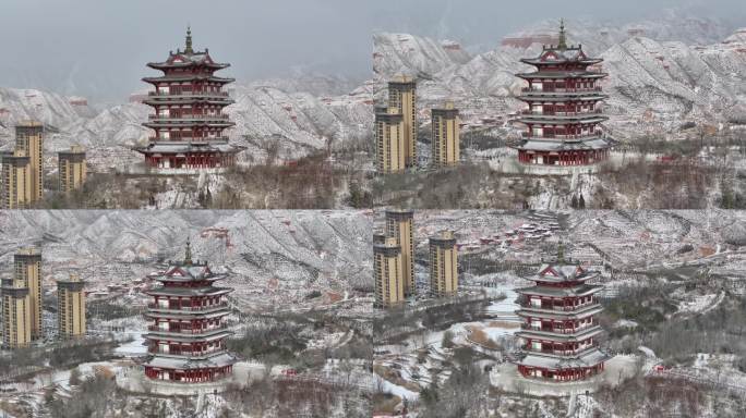 海东 乐都 乐都航拍 雪景 朝阳阁