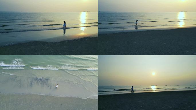 航拍黄昏日落白裙女孩海边散步奔跑玩耍放松