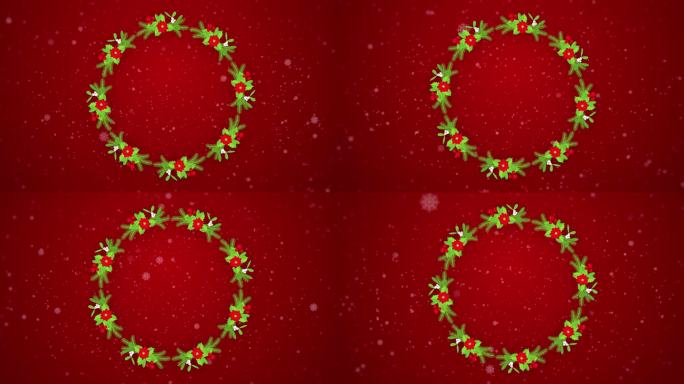 圣诞花环2D动画。带装饰的圆形花框