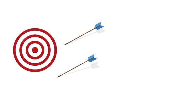 蓝色的箭没有击中目标，只有红色的箭击中了中心。商业挑战失败和成功的概念。