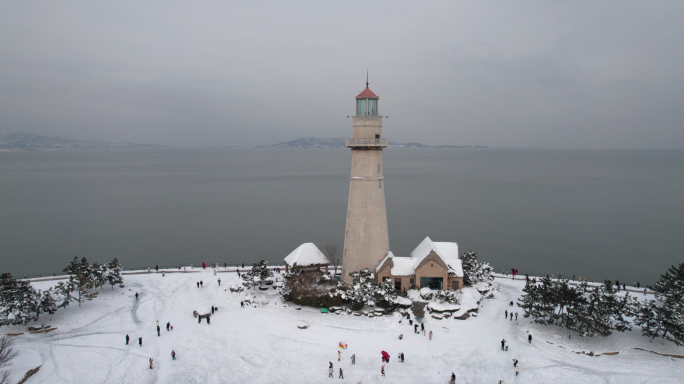 威海灯塔雪景航拍