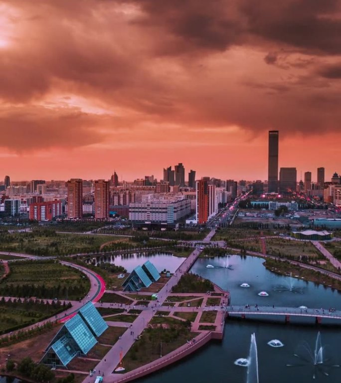 哈萨克斯坦阿斯塔纳市在美丽日落时的航拍时间流逝