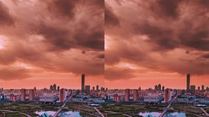 哈萨克斯坦阿斯塔纳市在美丽日落时的航拍时间流逝