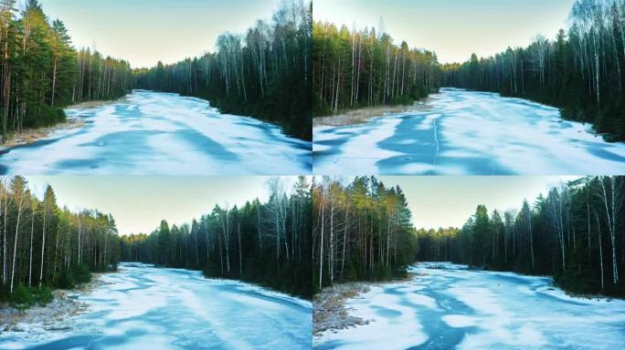 林溪的冬季序曲，松间的冰和过去的季节。无人机航拍