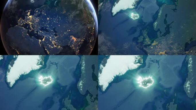 现实的地球夜间轨道和变焦发光边界冰岛