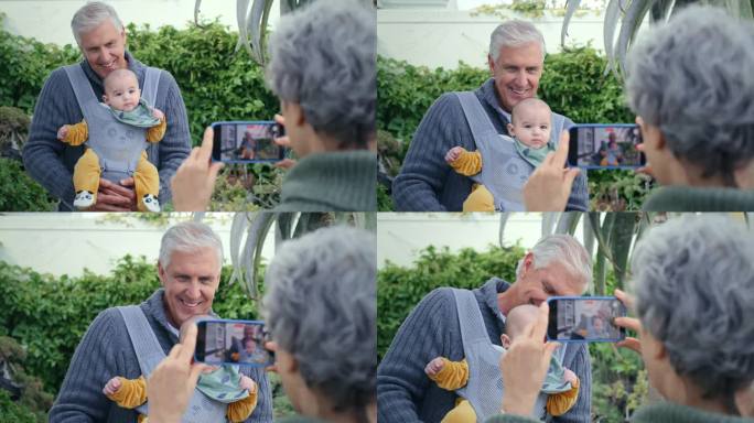 宝宝，手机和照片的快乐祖父母一起在户外，微笑和亲情在家里。孩子，照片和老夫妇在后院的花园为家庭连接，