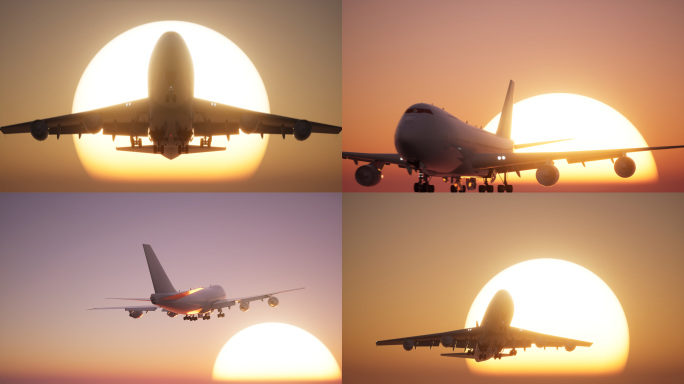 飞机起飞降落机场长焦日出太阳升起悬日动画