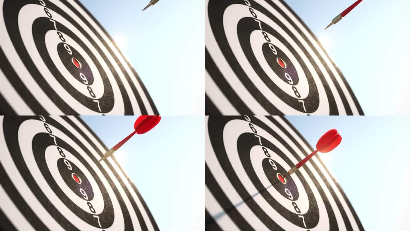 慢动作的红箭飞镖射向蓝蓝的天空背景上的飞镖中心点。3 d动画。概念的概念。有选择性的重点。
