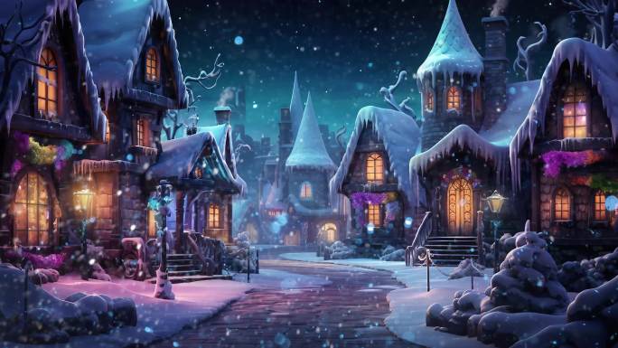 冬天晚上降雪 冬日童话世纪小镇