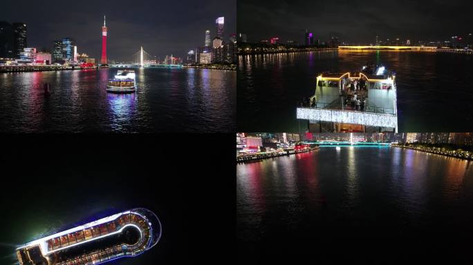 广州珠江夜游观光游船航拍