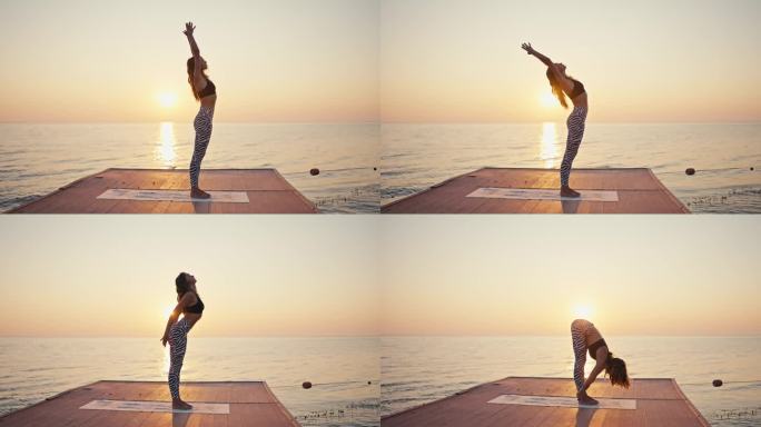 一个年轻的金发女孩穿着黑白相间的裤子和黑色上衣，在一个特殊的运动垫子上做瑜伽，做半月形练习，在日出时