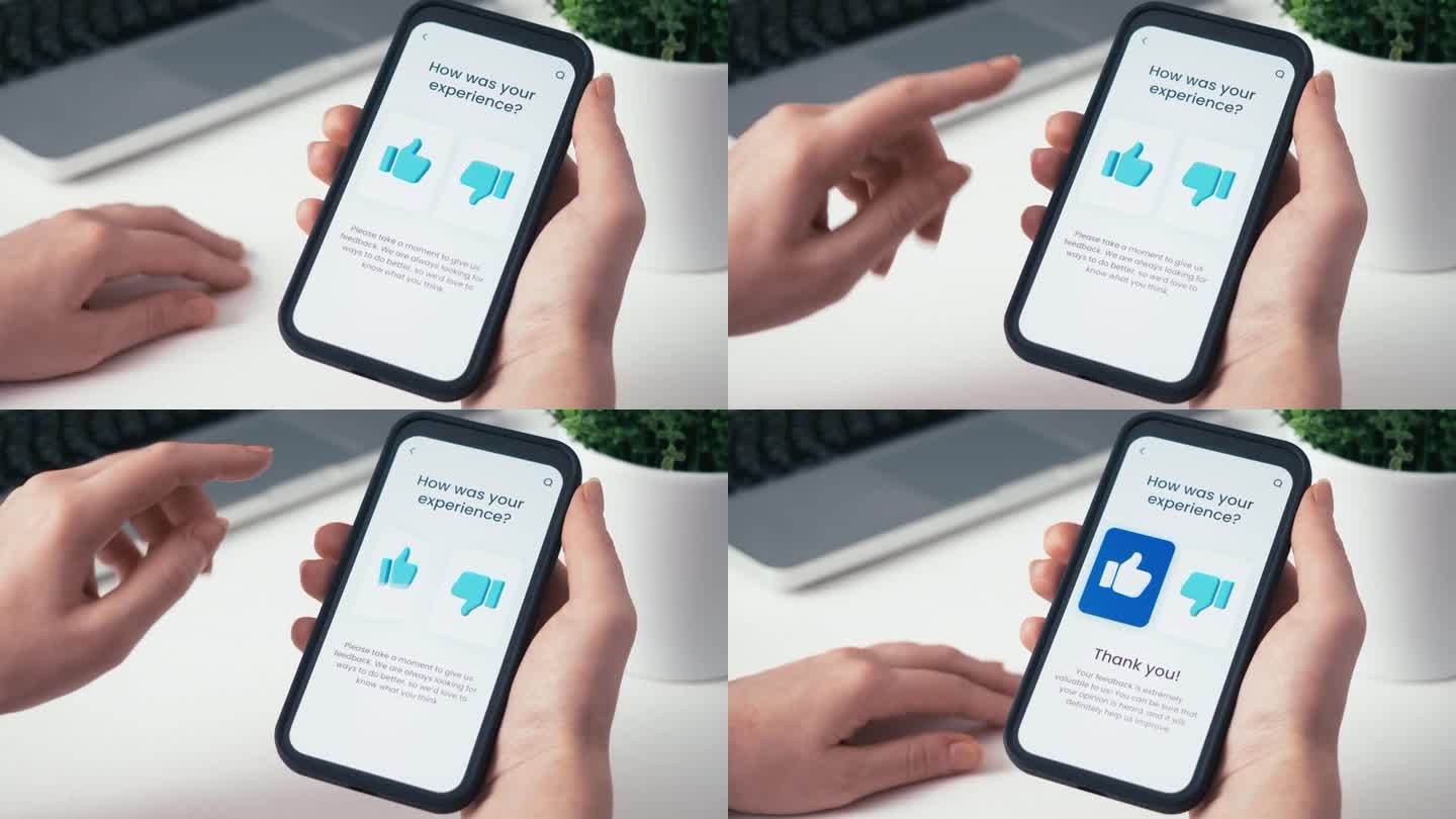 按下大拇指的按钮会留下良好的客户反馈。顾客满意概念。
