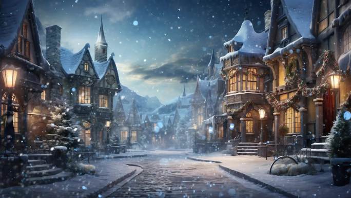 冬天晚上降雪 冬日童话世纪小镇