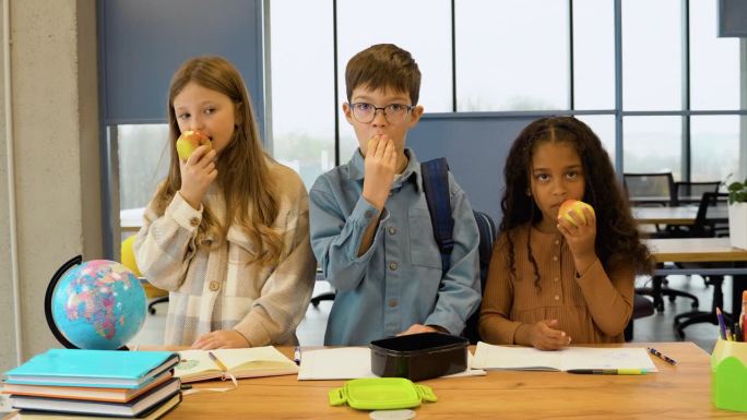 孩子们在学校用塑料饭盒吃苹果。为孩子准备健康的学校早餐