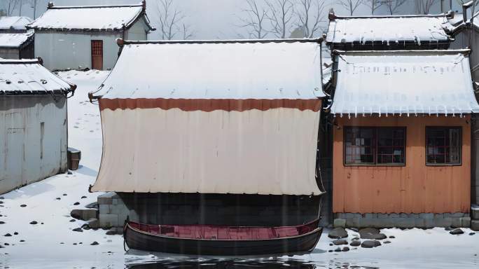 卡通农村房屋建筑下雨天