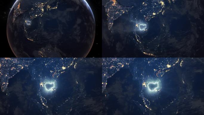 现实的地球夜间轨道和缩放发光边界柬埔寨