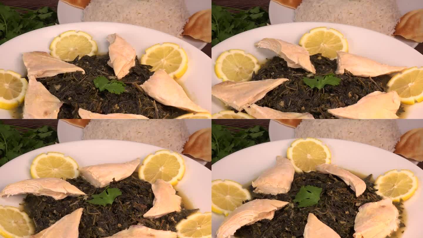 黎巴嫩食谱:穆卢克亚，梅洛希亚，椰叶和香菜米饭鸡，烤皮塔饼