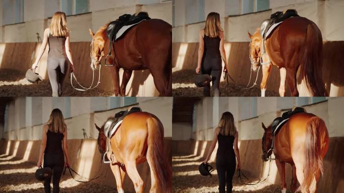 女子牵着友好的马，牵着长长的皮带沿着竞技场