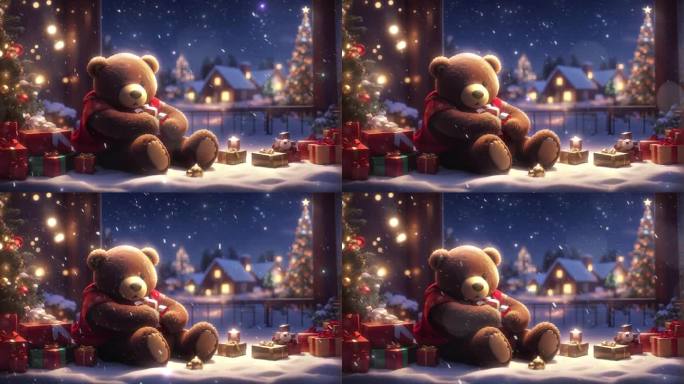 4K唯美可爱圣诞卡通熊玩偶节日背景