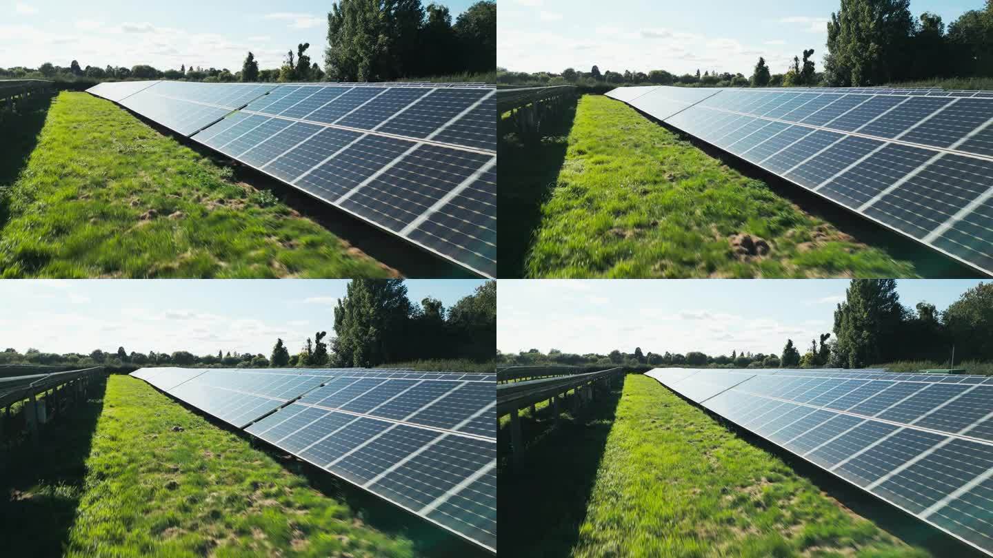 无人机沿着太阳能电池板拍摄跟踪，产生可再生的可持续能源