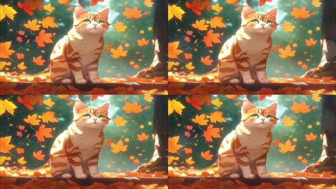 4K秋天落叶卡通动漫可爱小猫概念背景