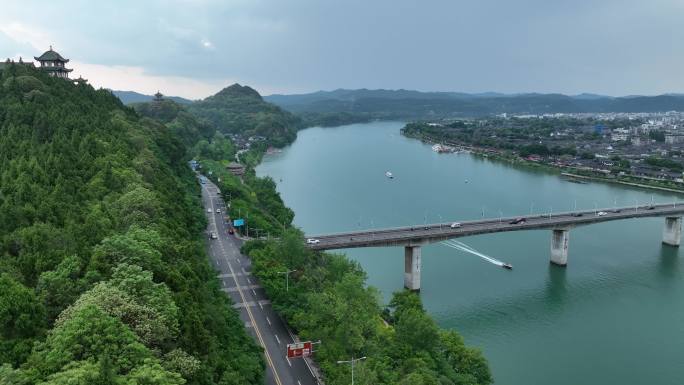 高空航拍南充市阆中嘉陵江两岸大桥古镇马路