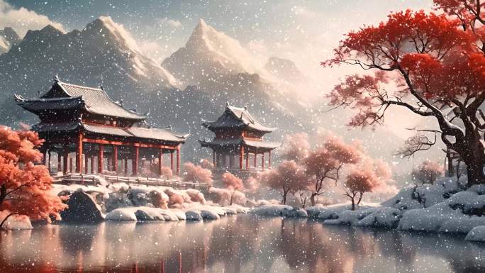 中国风开场片头唯美古风建筑冬季雪景背景