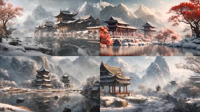 中国风开场片头唯美古风建筑冬季雪景背景