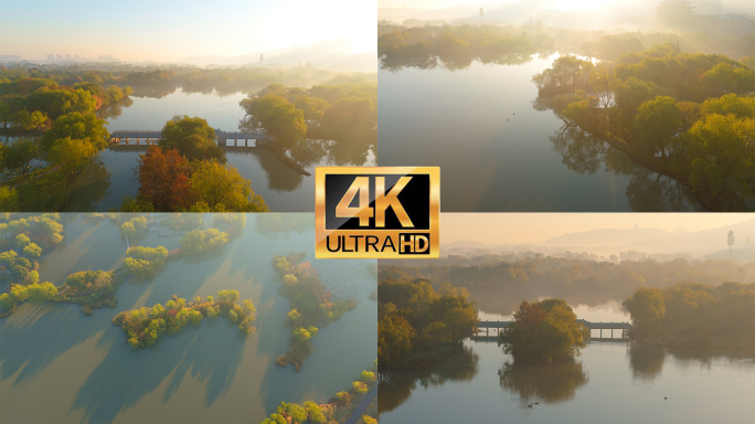 【4K】航拍清晨阳光湖泊晨雾湿地风景