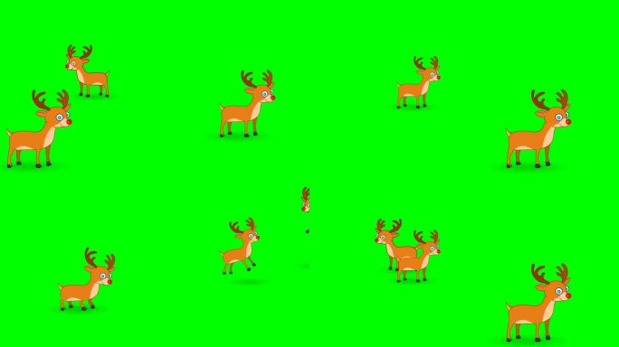 鹿群跳。圣诞老人，圣诞快乐，新年快乐。一群鹿在奔跑。循环、循环卡通动物人物动画。透明，绿色屏幕背景。