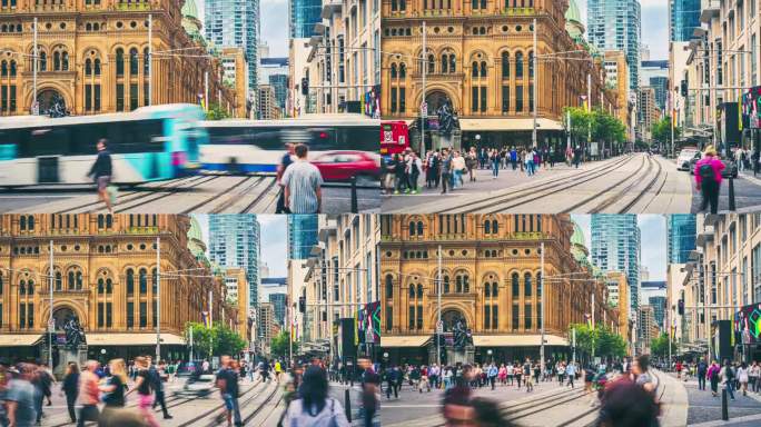 澳大利亚新南威尔士州悉尼维多利亚女王大厦购物中心旁的有轨电车上，拥挤的通勤者和游客步行和穿越乔治街的