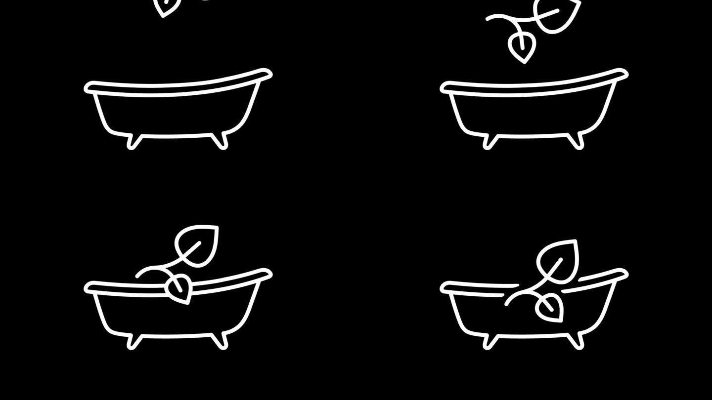 浴室和树叶图形动画。阿尔法通道。浴缸与叶子透明背景运动设计。4 k的决议