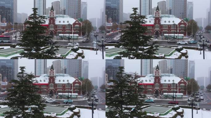 大连中山广场老建筑雪景航拍